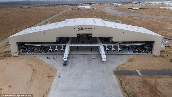 Stratolaunch is rolled out of its hanger in Mojave, CA. 