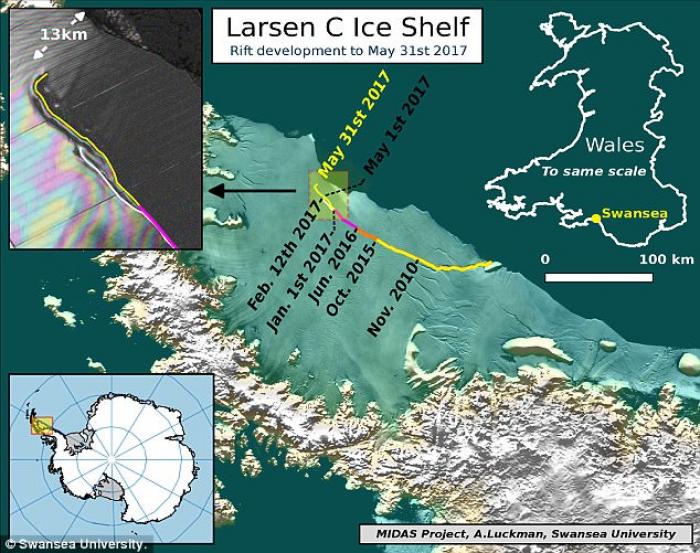 The Larsen C Ice Shelf is about to calve off an iceberg the size of Delaware. 