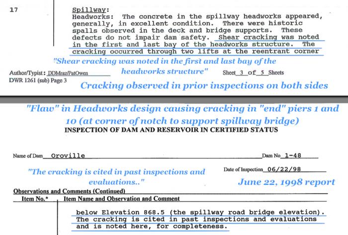 Fig 3. DSOD Inspection report revealing settlement evidence of Bridge Abutment 'design flaw' as evidenced in diagonal cracking at the Pier support notch corner in both Piers 1 and 10 - shear forces created in notch by bridge slab from bridge 'load flexure'.