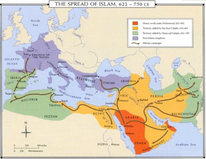 Spurred by the Koran, Muslims spread their religion by means of conquest. Spurred by the Koran, Muslims spread their religion by means of conquest.