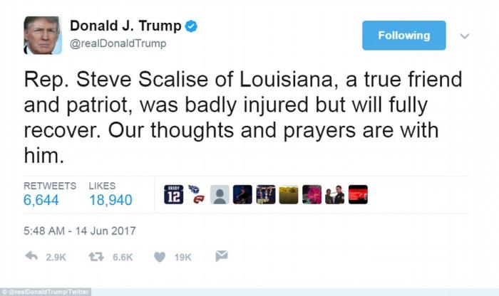 Trump's Tweet on Congressional shooting Trump's Tweet on Congressional shooting