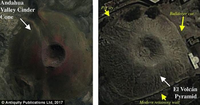 The temple compared to a volcano. The comparison may be accidental as evidence suggests the crater in the center formed later, by accident or erosion. 