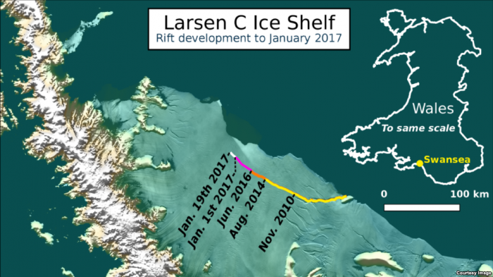 The development of the crack in the ice shelf that has created the iceberg. The crack took several years to develop. The development of the crack in the ice shelf that has created the iceberg. The crack took several years to develop.