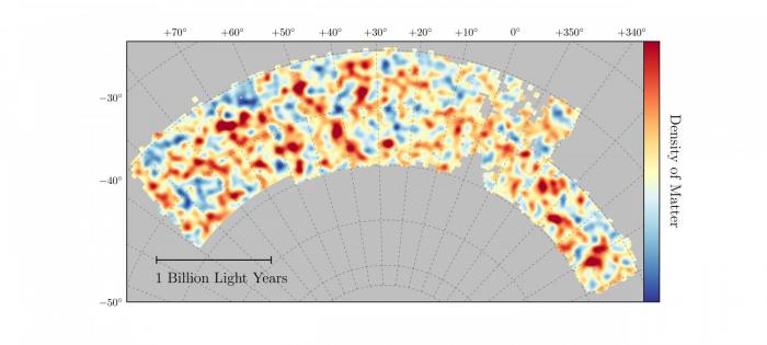 The dark energy map produced by the survey. The actual research contains much more detailed data and provides scientists with better information than what they had before. The dark energy map produced by the survey. The actual research contains much more detailed data and provides scientists with better information than what they had before.