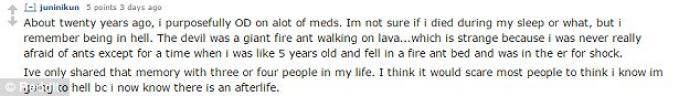 This person fears they saw a vision of hell with Satan walking on lava like a fire ant, and is now convinced they're going to hell. This person fears they saw a vision of hell with Satan walking on lava like a fire ant, and is now convinced they're going to hell.