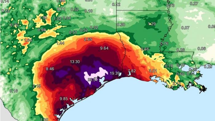 The NWS added lavender to its maps to show 'unfathomable' rainfall.