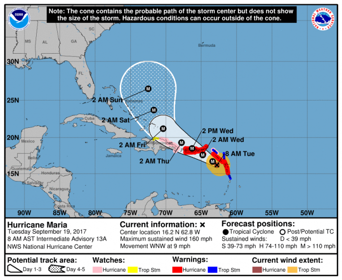 NOAA storm track and warnings for Maria. NOAA storm track and warnings for Maria.