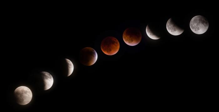 A timelapse of the moon during a lunar eclipse. This is what skywatchers can expect to see on January 31, 2018.