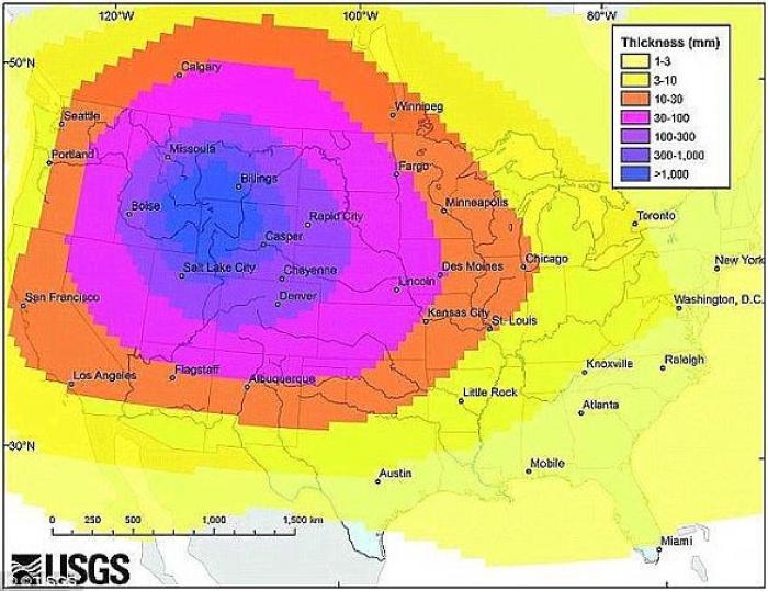 Ash from the Yellowstone eruption would cover most of the United States, and bury places like Salt Lake City. 