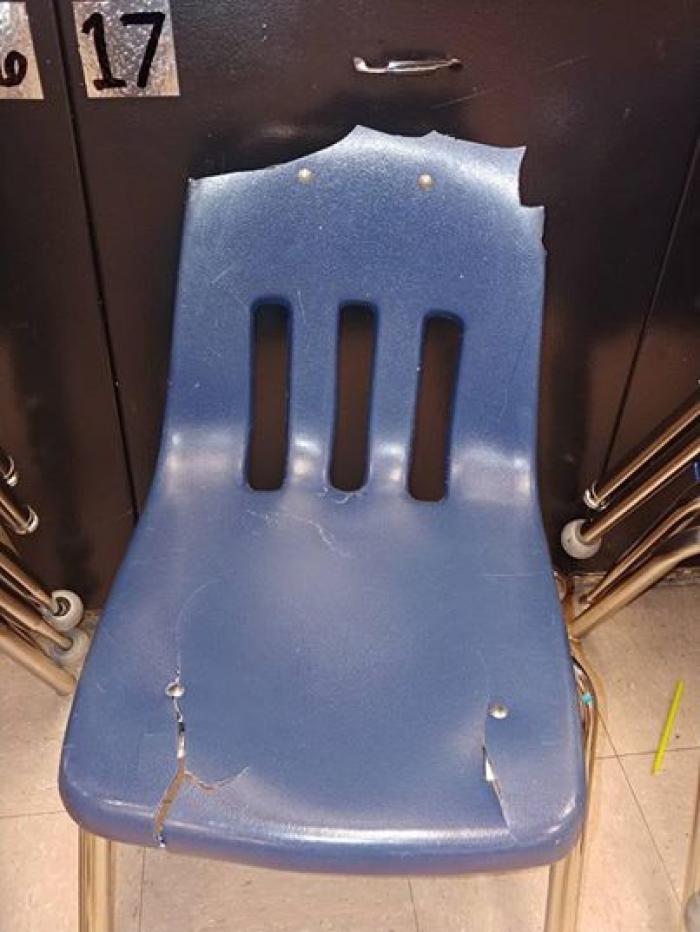 One teacher posted a picture of this chair to demonstrate the state of her school and the need for more funding. 