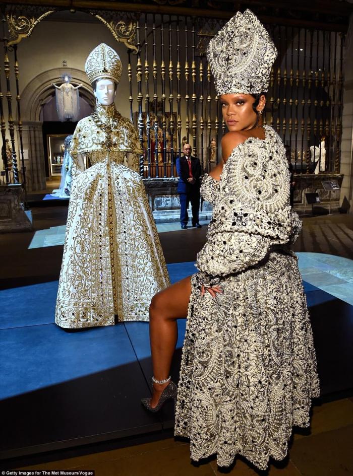 Rihanna dressed as a bejeweled pope. 