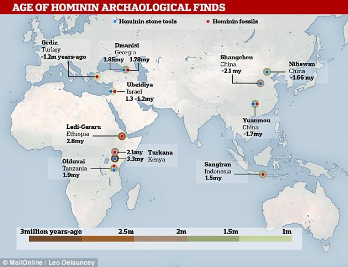 The locations of ancient tools and hominid remains. Blue represents tools and red indicates fossils. Photo: Daily Mail, Leo Delauncey. The locations of ancient tools and hominid remains. Blue represents tools and red indicates fossils. Photo: Daily Mail, Leo Delauncey.