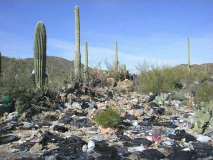 Trash accumulates at rest-spots used by caravans of illegal immigrants. Discarded needles, backpacks, and even soiled diapers are everywhere. Trash accumulates at rest-spots used by caravans of illegal immigrants. Discarded needles, backpacks, and even soiled diapers are everywhere.