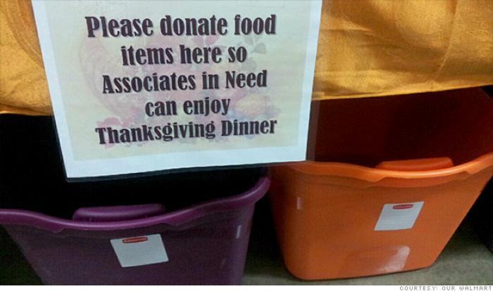 At an Ohio WalMart, employees are being asked to donate food to other employees for the holidays. At an Ohio WalMart, employees are being asked to donate food to other employees for the holidays.
