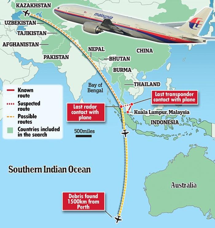 This map shows the possible routes that Beijing-bound MH370 may have taken after it took off from Ku This map shows the possible routes that Beijing-bound MH370 may have taken after it took off from Ku