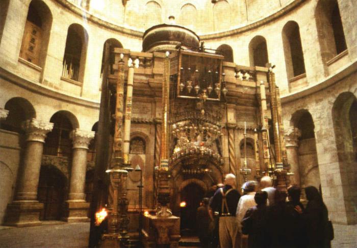 The Church of the Holy Sepulchre is home to the place where Jesus was crucified and buried. The Church of the Holy Sepulchre is home to the place where Jesus was crucified and buried.