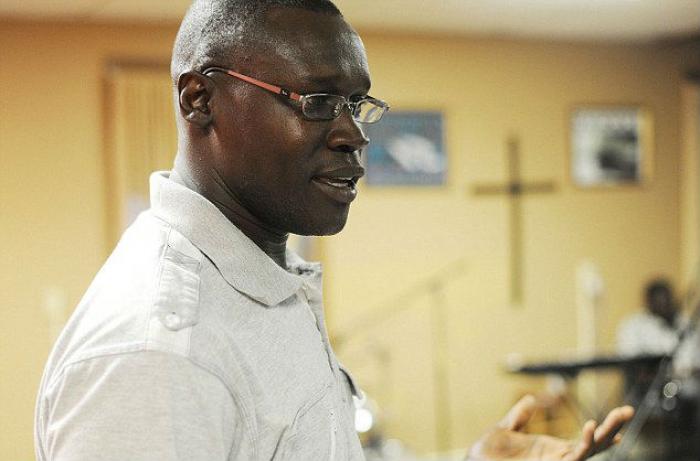 Gabriel Wani speaks on Friday in New Hampshire about his sister-in-law Meriam Yahya Ibrahim Ishag, w Gabriel Wani speaks on Friday in New Hampshire about his sister-in-law Meriam Yahya Ibrahim Ishag, w