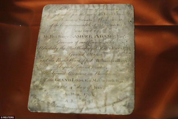 At the bottom of the box was a inscribed rectangular silver plate commemorating the placement of the At the bottom of the box was a inscribed rectangular silver plate commemorating the placement of the