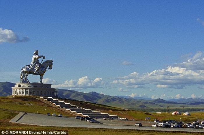 Although the actual tomb for Khan is still hidden, monuments and statues exist all over Mongolia. (M Although the actual tomb for Khan is still hidden, monuments and statues exist all over Mongolia. (M