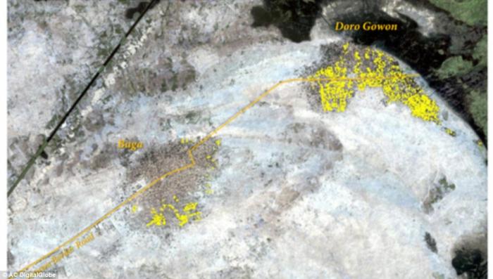 Yellow area of destruction in satellite image after Boko Haram attack Yellow area of destruction in satellite image after Boko Haram attack