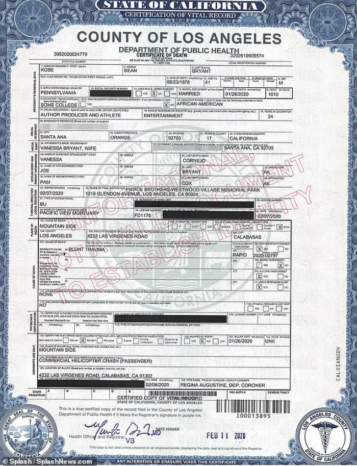 Kobe Bryant's death certificate issued by Los Angeles County.