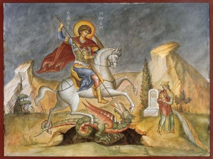 St. George slaying the dragon. The dragon represents evil, and its all-consuming nature. 