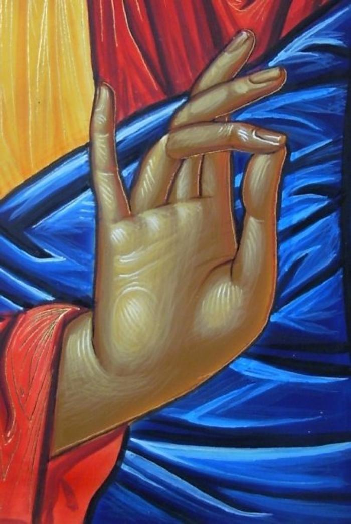 A hand signal which represents Jesus Christ. The fingers spell, I, C, X, and C. This is derived from the first and last letters of the Greek name for Jesus Christ (IHCOYC XPICTOC) and it represents the name by which we are saved. 