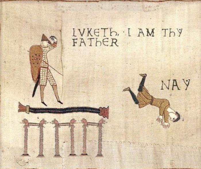 Modern internet users have managed to turn the Bayeux Tapestry into an unending source of memes. Here is an iconic scene from the movie, 'Star Wars,' turned into a medieval-looking meme.